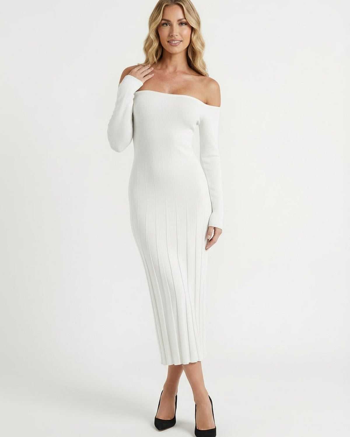 Nova Midi Dress from Lauven - Elegant off-shoulder white ribbed knit dress for sophisticated occasions.