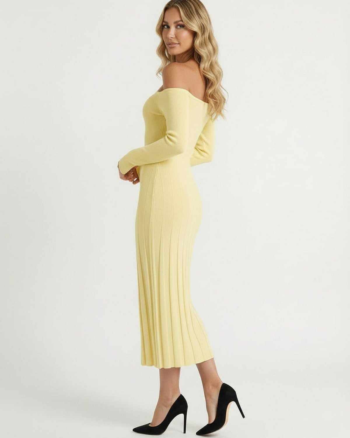 Solara Midi Dress by Lauven, elegant off-shoulder yellow ribbed knitwear showcasing modern elegance.