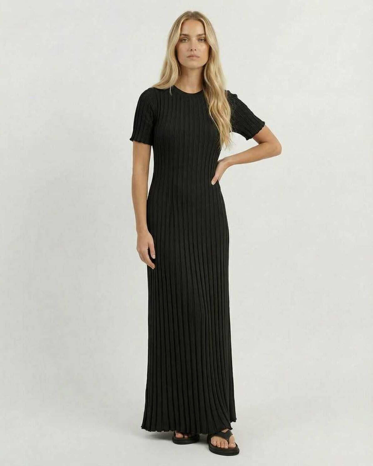 Luna Maxi Dress by Lauven, elegant black ribbed knit design showcasing a fitted silhouette and stylish comfort.
