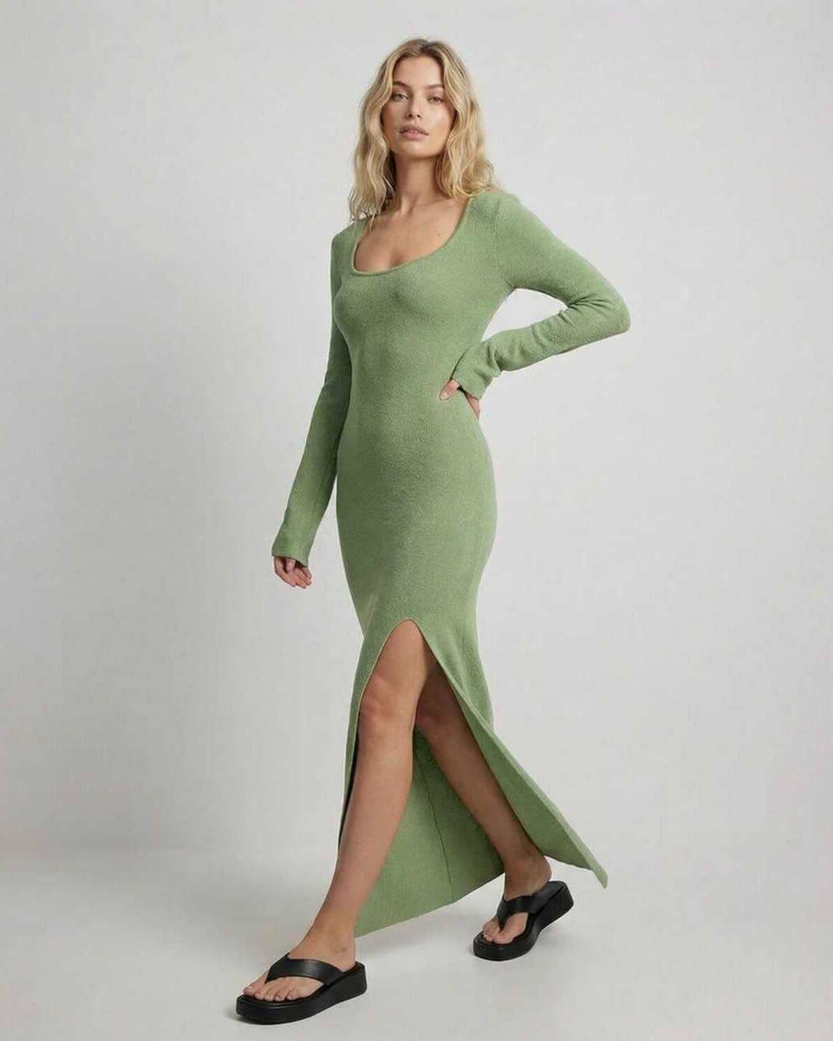 Verde Maxi Dress by Lauven, long sleeve slim fit with side slit, perfect for casual spring wear.