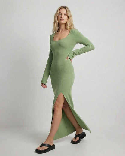 Verde Maxi Dress by Lauven, long sleeve slim fit with side slit, perfect for casual spring wear.