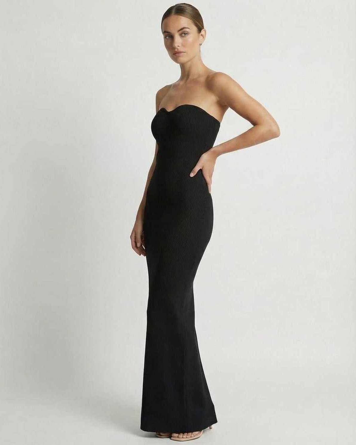 Noir Maxi Dress by Lauven - Strapless black slim fit ankle-length dress showcasing a sleek silhouette.