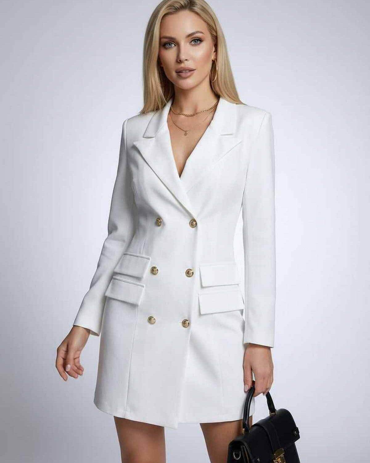 Nova Mini Dress by Lauven - Double-Breasted V-Neck Long Sleeve Blazer Dress in White