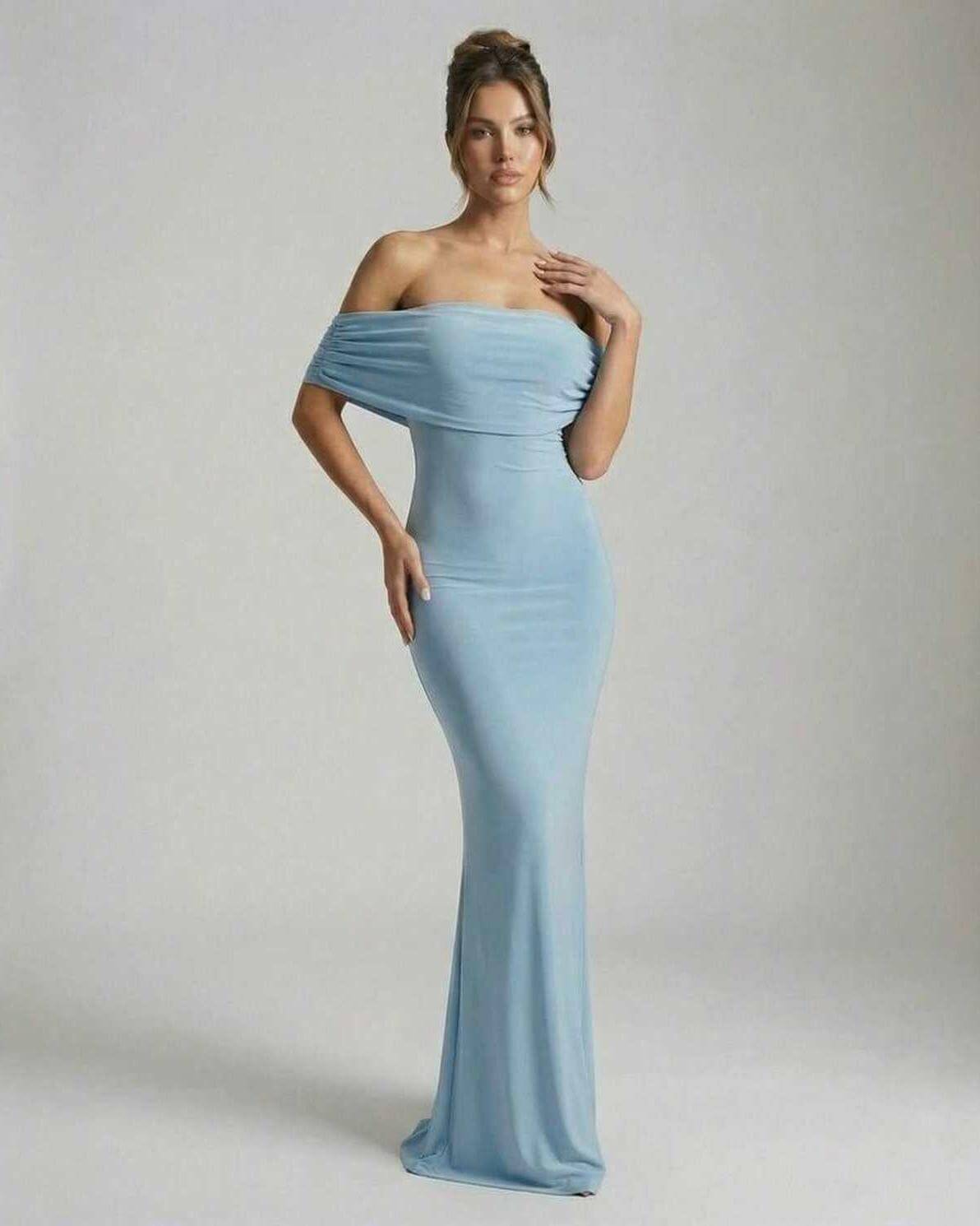 Lauven Luna Maxi Dress - Sleek off-shoulder light blue gown with ruched details.