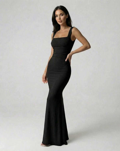 Onyx Maxi Dress by Lauven, elegant black ankle-length dress with strappy back and modern square neckline.