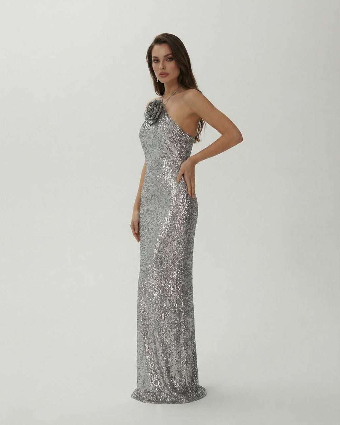 Lunaria Maxi Dress by Lauven - Silver sequin halter gown with floral detail and sleek silhouette.