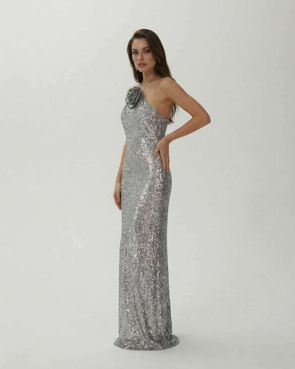 Lunaria Maxi Dress by Lauven - Silver sequin halter gown with floral detail and sleek silhouette.