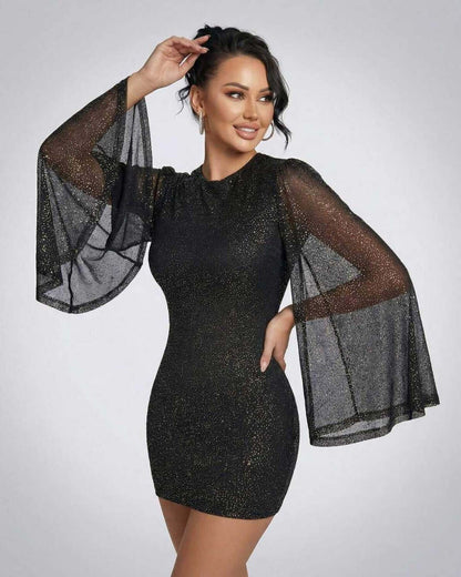 Celeste Mini Dress by Lauven, featuring sheer cloak sleeves and a sparkling dot pattern for an elegant look.