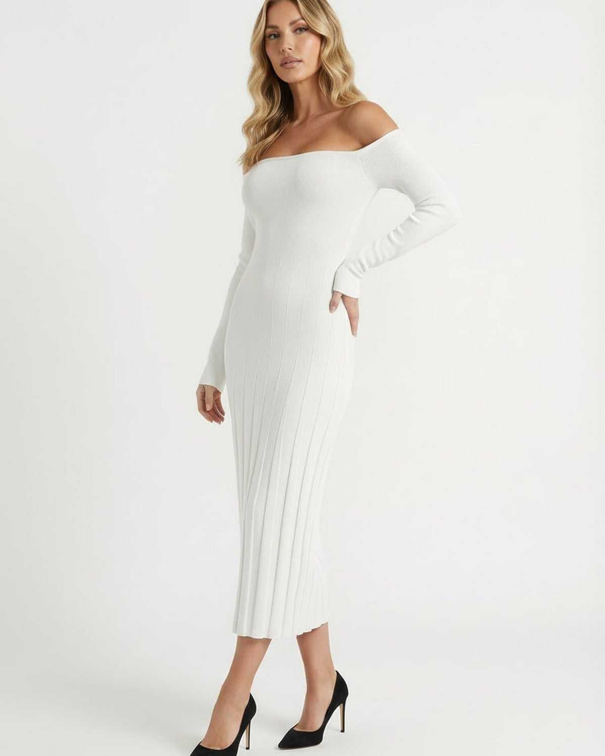 Nova Midi Dress by Lauven - Elegant off-shoulder ribbed knitwear in white, perfect for any occasion.