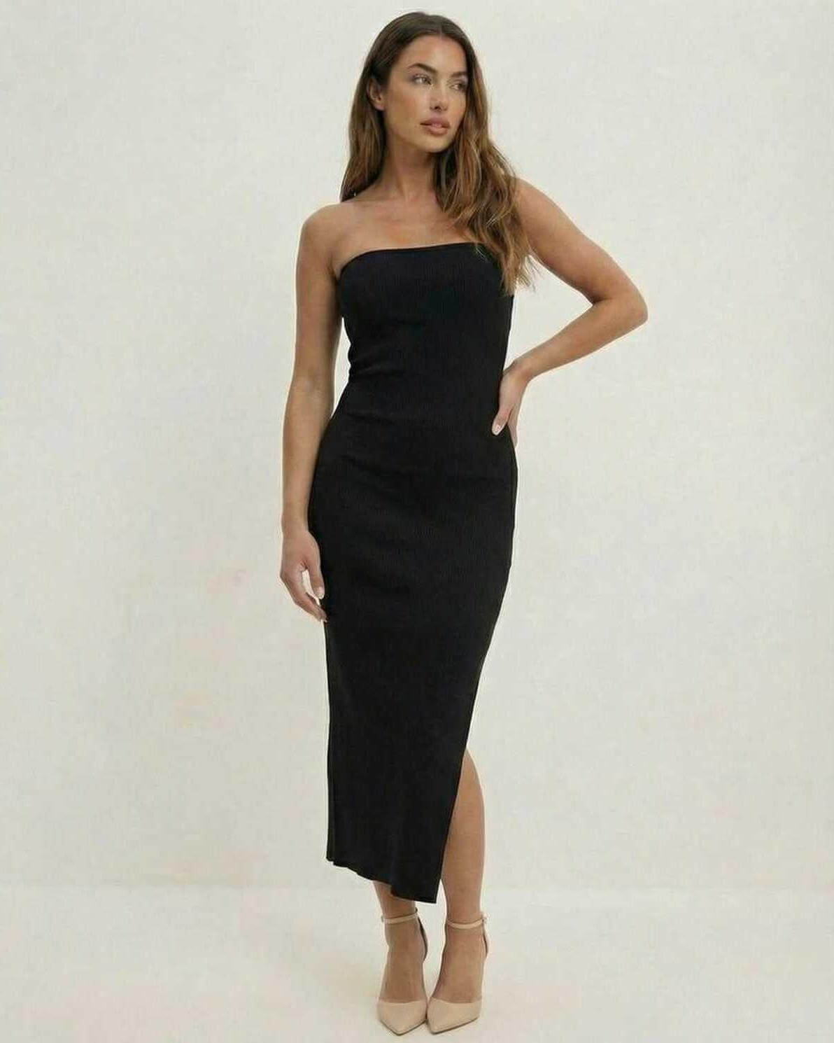 Noctis Midi Dress by Lauven, sleek strapless black sheath with side slit, perfect for evening wear.