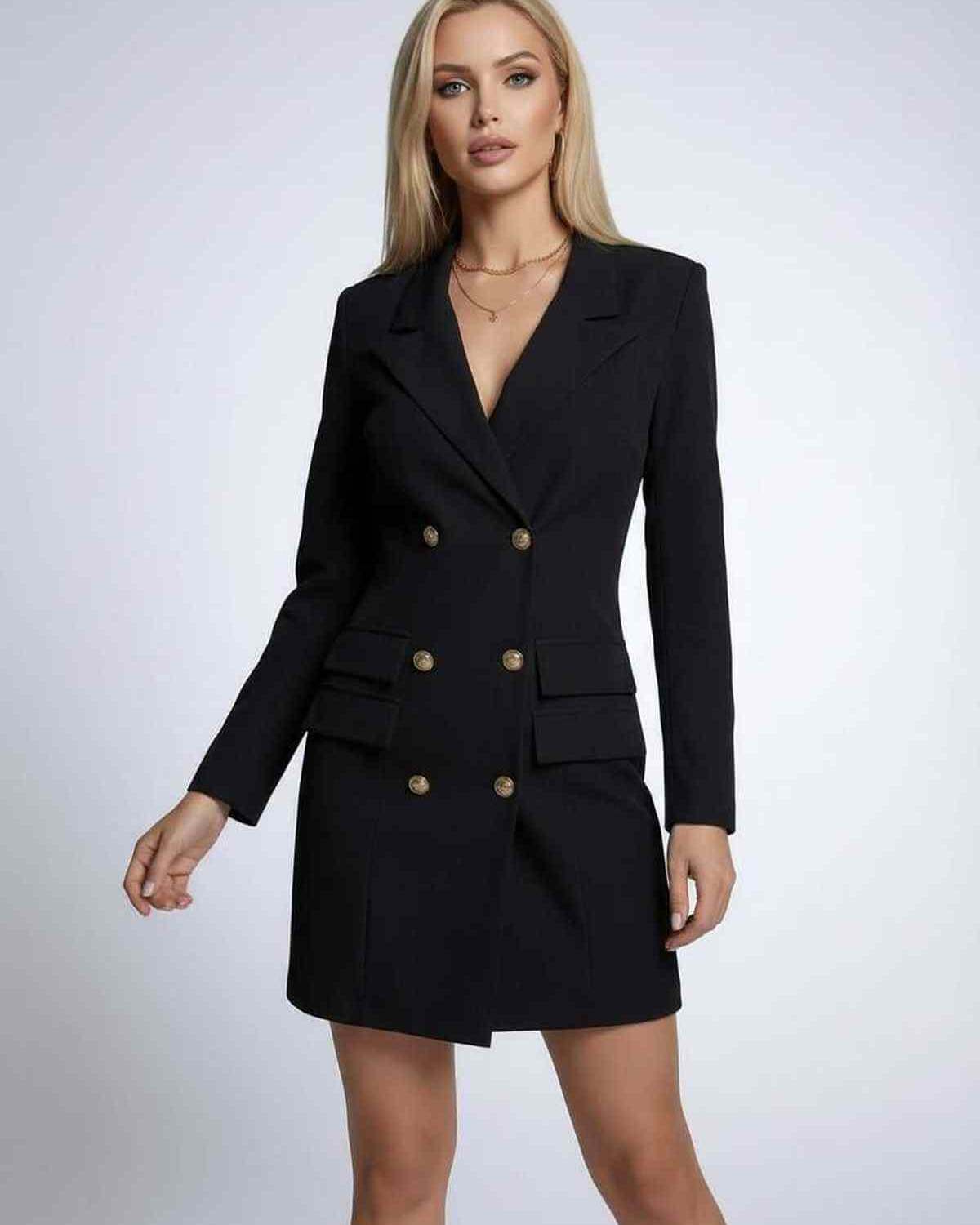 Luna Mini Dress by Lauven - Black double-breasted blazer dress with gold buttons and V-neckline.