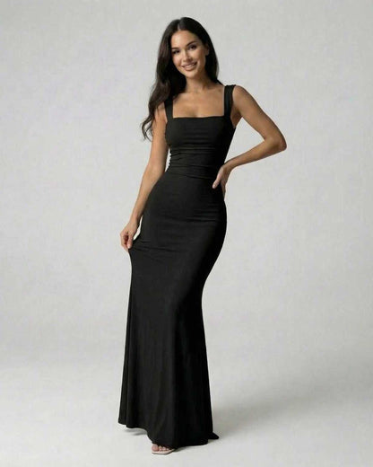Onyx Maxi Dress by Lauven, a sophisticated strappy back silhouette in classic black.