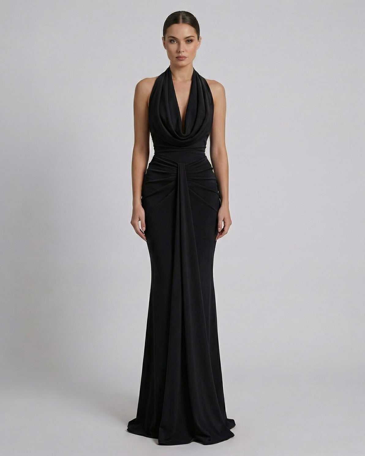 Maris Maxi Dress by Lauven - Sleek black satin evening gown with a draped cowl neckline.
