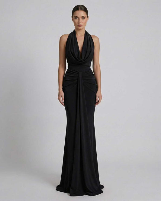 Maris Maxi Dress by Lauven - Sleek black satin evening gown with a draped cowl neckline.