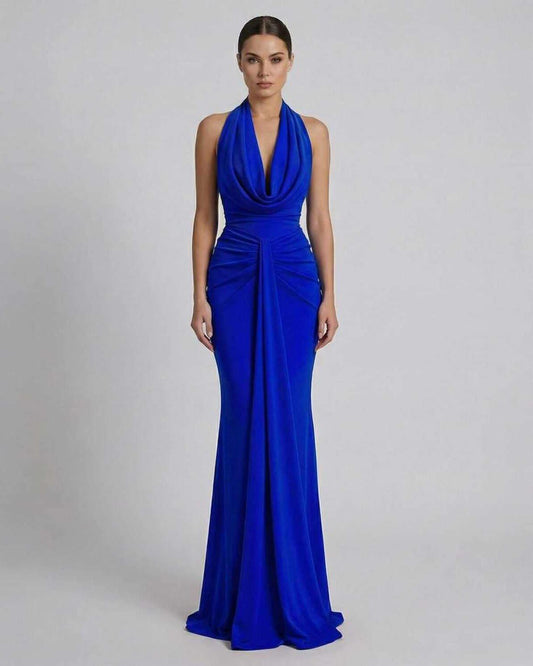 Liora Maxi Dress by Lauven, vibrant blue satin evening gown with cowl neckline and floor-length silhouette.