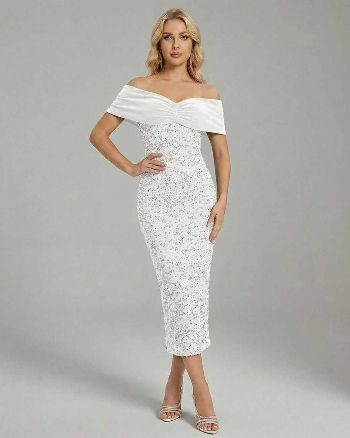 Serena Midi Dress by Lauven - Stunning off-shoulder white sequin evening dress for a refined look.
