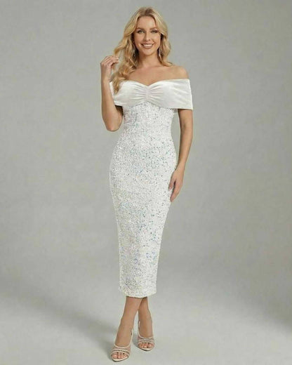 Serena Midi Dress by Lauven - Off-shoulder white sequin evening dress, showcasing elegance and sophistication.