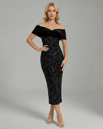 Aurelia Midi Dress - Sleek Off-Shoulder Black Sequin Evening Dress by Lauven showcasing modern elegance.