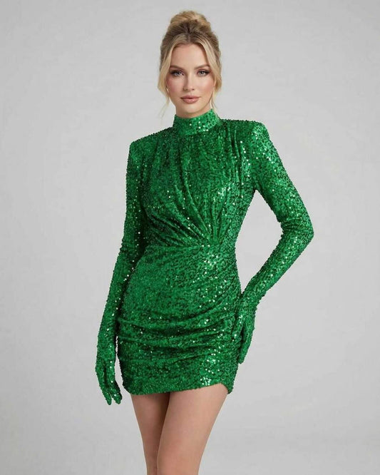 Orion Mini Dress by Lauven in luxe emerald green sequins, featuring a fitted silhouette and high neckline.