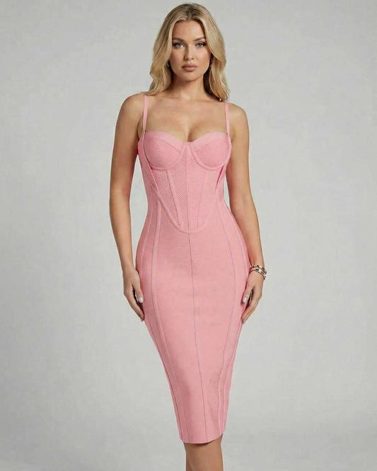 Luna Midi Dress by Lauven - Elegant pink bodycon dress with sculpted silhouette highlighting curves.