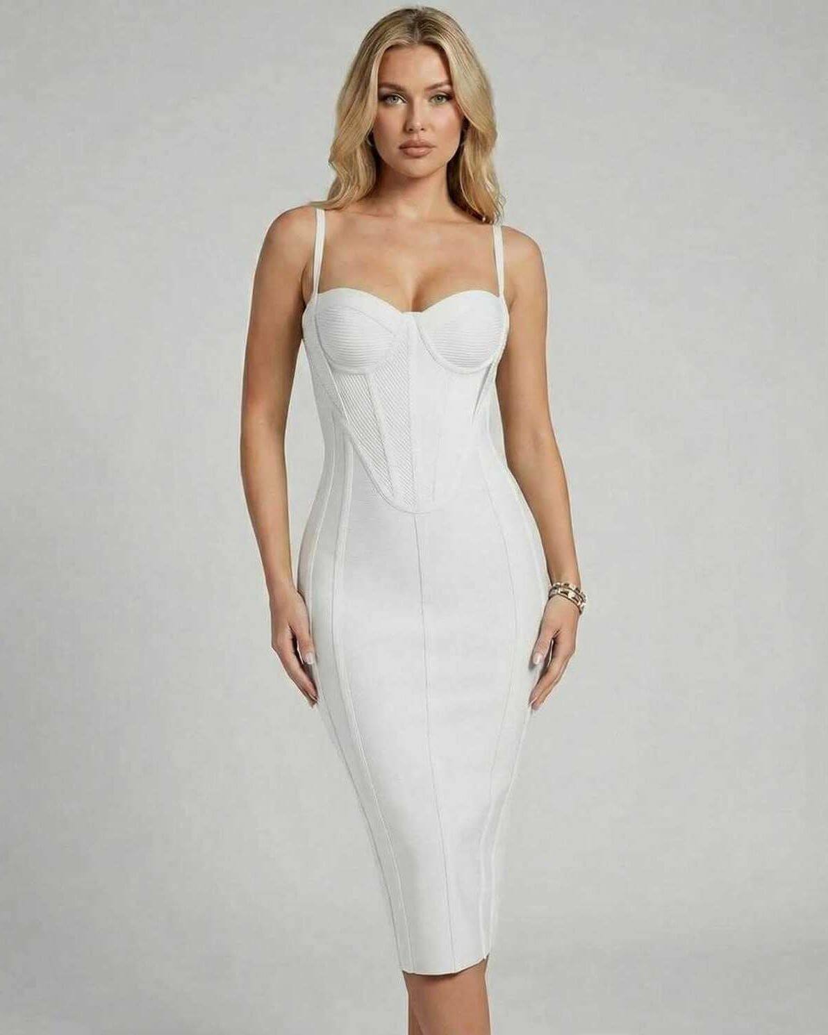 Vega Midi Dress by Lauven - Classic white bodycon dress highlighting curves in a chic and elegant style.