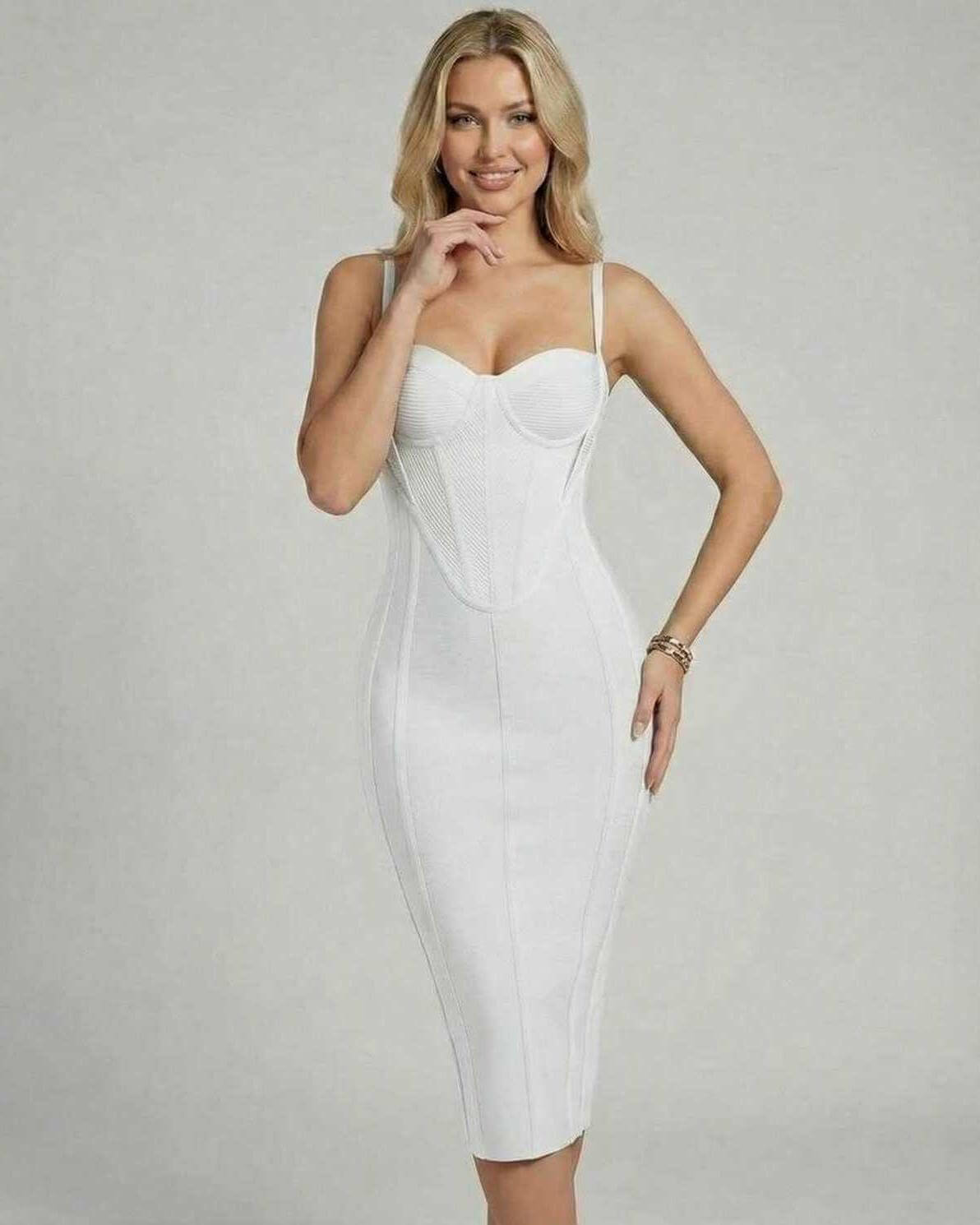 Vega Midi Dress by Lauven, a classic white bodycon dress showcasing a flattering silhouette and elegant design.