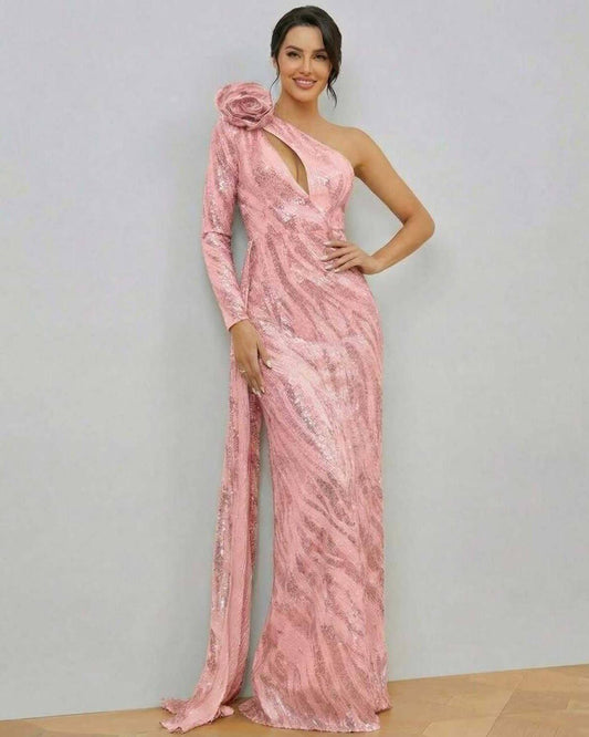 Lyra Maxi Dress by Lauven - Feminine one-shoulder pink sequin gown with floral accent and fitted mermaid silhouette.