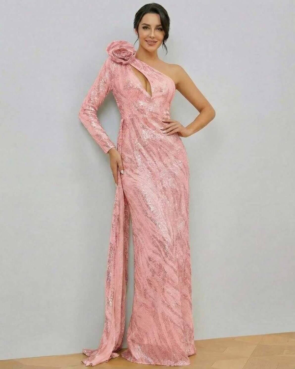 Lyra Maxi Dress by Lauven - feminine one-shoulder pink sequin gown with floral accent and fitted mermaid silhouette.