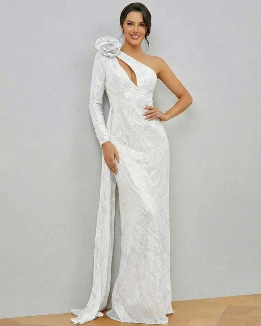 Selene Maxi Dress by Lauven - Elegant one-shoulder white sequin gown with floral accent and fitted mermaid silhouette.