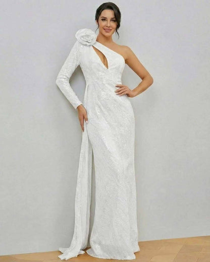 Selene Maxi Dress by Lauven, elegant one-shoulder white sequin gown with floral accent and fitted mermaid silhouette.