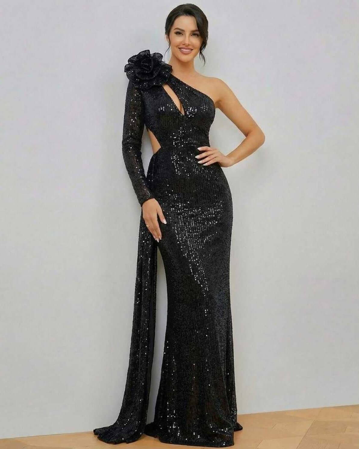 Orion Maxi Dress by Lauven - Elegant one-shoulder black sequin gown with floral detail and mermaid silhouette.