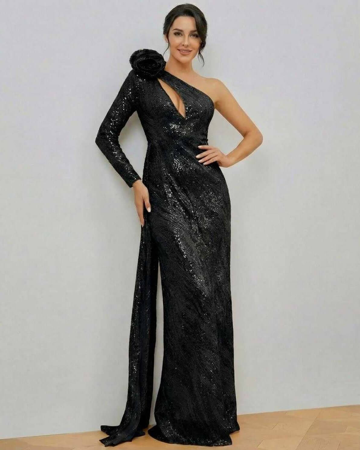 Orion Maxi Dress by Lauven, glamorous one-shoulder black sequin gown with floral detail and mermaid silhouette.
