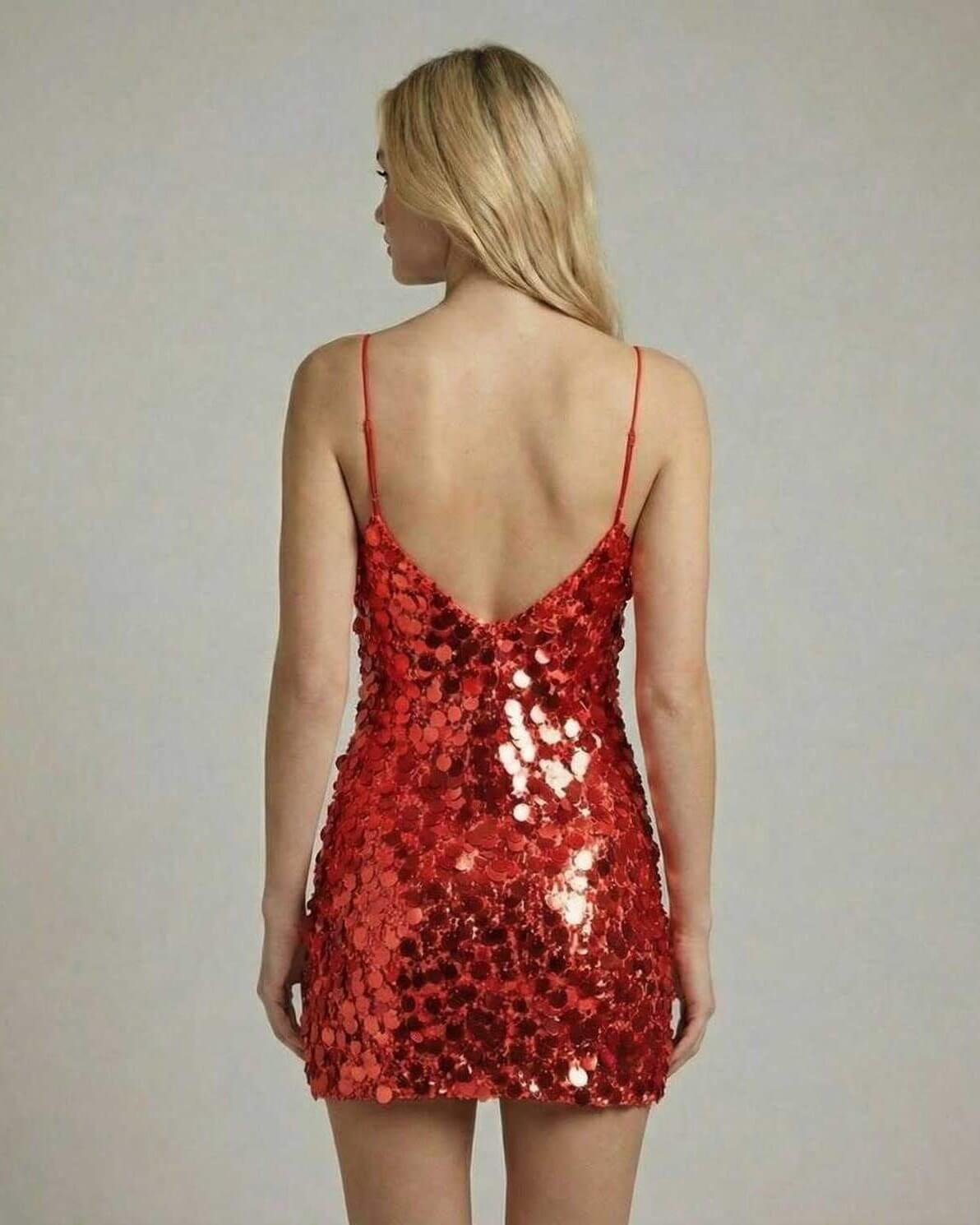 Back view of a woman wearing the Serena Mini Dress by Lauven, a red sequin bodycon mini dress with spaghetti straps.