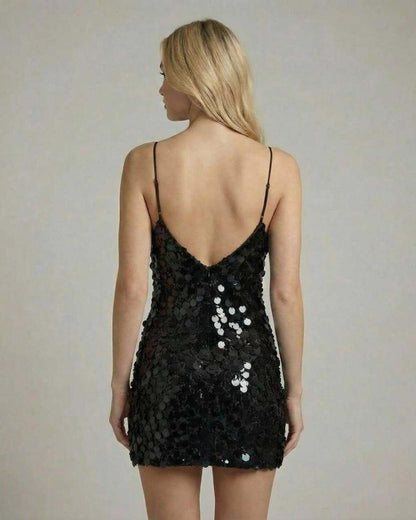 Luna Mini Dress by Lauven, black sequin bodycon mini dress showcasing a flattering V-neckline and spaghetti straps.
