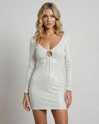 Luna Mini Dress by Lauven, elegant white sequin bodycon dress featuring a flattering silhouette and long sleeves.