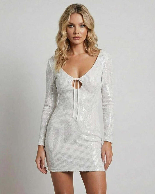 Luna Mini Dress by Lauven, elegant white sequin bodycon dress featuring a flattering silhouette and long sleeves.