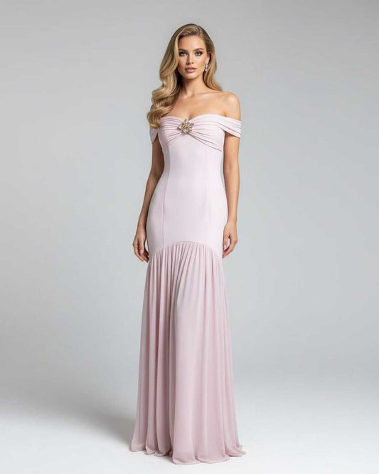 Celeste Maxi Dress by Lauven, elegant off-shoulder evening gown in soft pink with metallic embellishment.