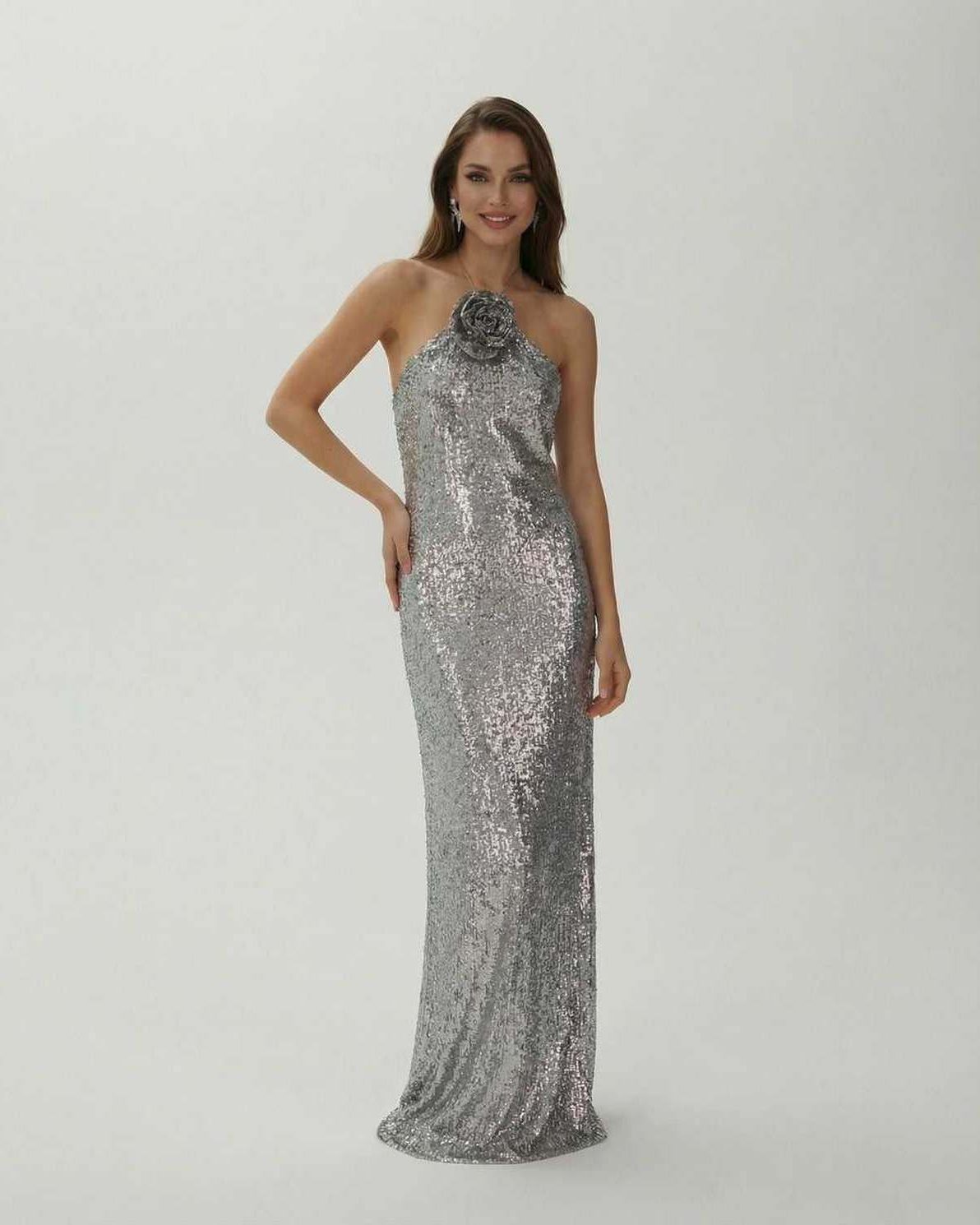 Lunaria Maxi Dress by Lauven featuring a stunning silver sequin halter evening gown with floral detail.