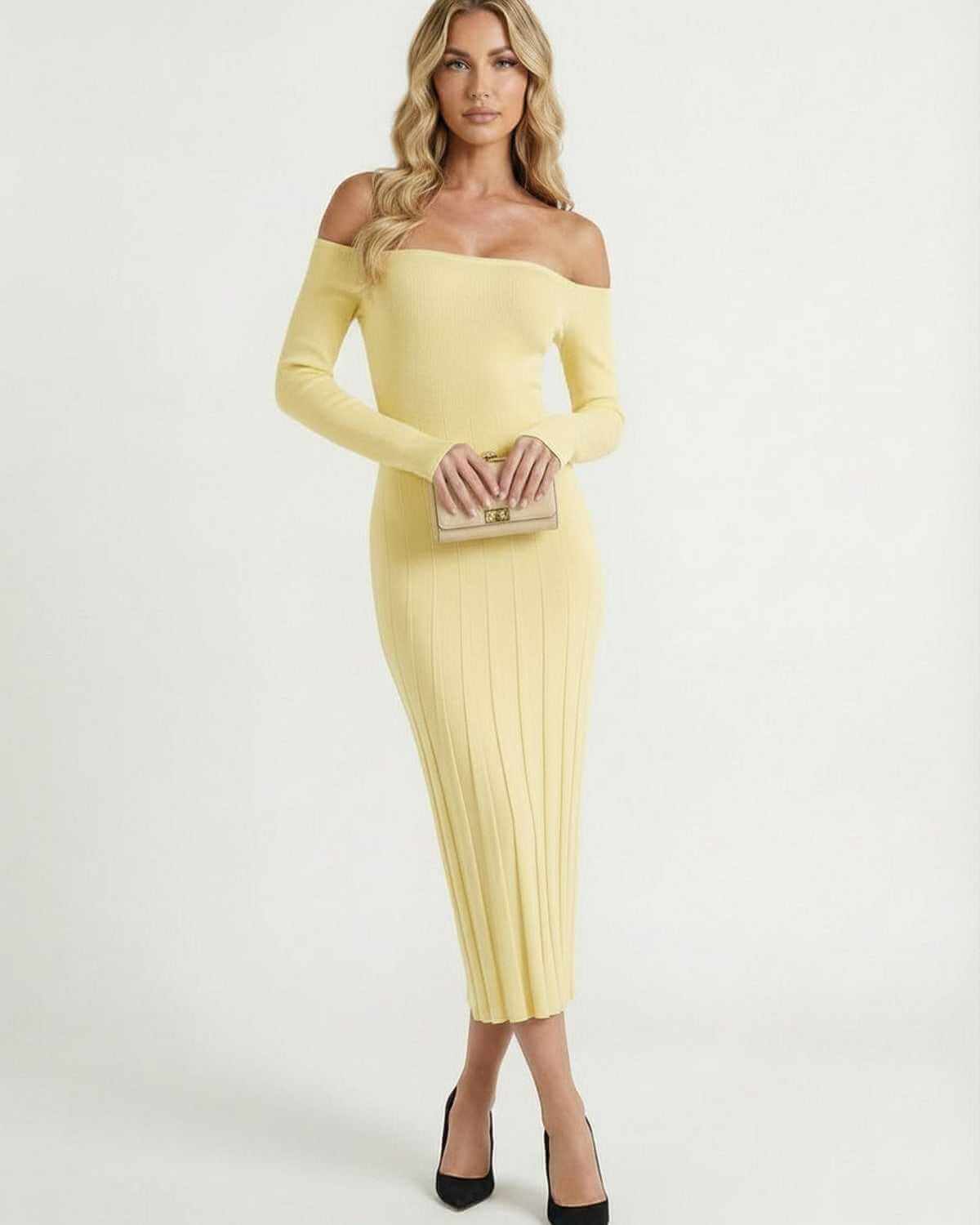 Solara Midi Dress by Lauven in soft yellow, featuring off-shoulder design and ribbed knit fabric, ideal for modern elegance.