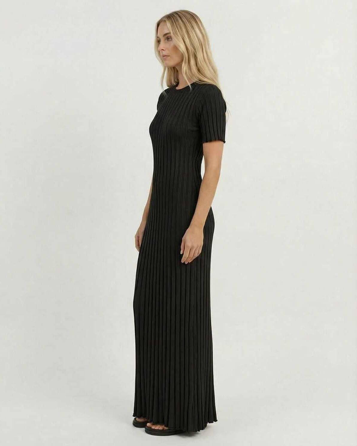 Luna Maxi Dress by Lauven, elegant black ribbed knit maxi dress showcasing sleek silhouette and refined style.