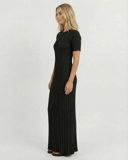 Luna Maxi Dress by Lauven, elegant black ribbed knit maxi dress showcasing sleek silhouette and refined style.