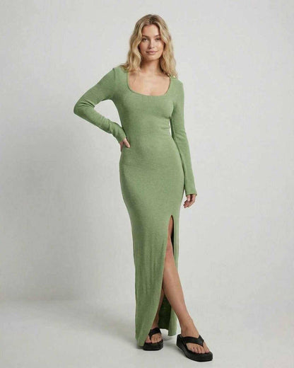Verde Maxi Dress by Lauven, long sleeve slim fit dress with side slit in green for casual spring wear.