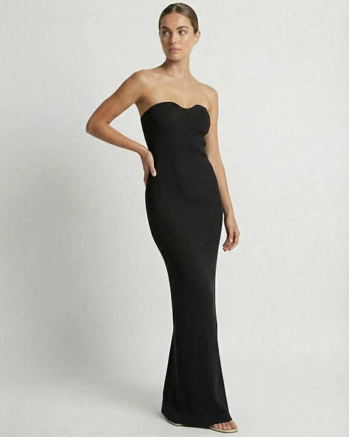 Noir Maxi Dress by Lauven - Strapless Black Slim Fit Ankle-Length Dress featuring a sleek, flattering silhouette.