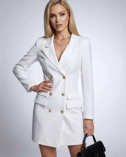 Nova Mini Dress by Lauven - Double-Breasted V-Neck Long Sleeve White Blazer Dress with Elegant Silhouette.
