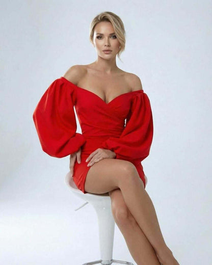 Scarlet Mini Dress by Lauven - Off-shoulder puff sleeve satin sheath dress in bold red hue.