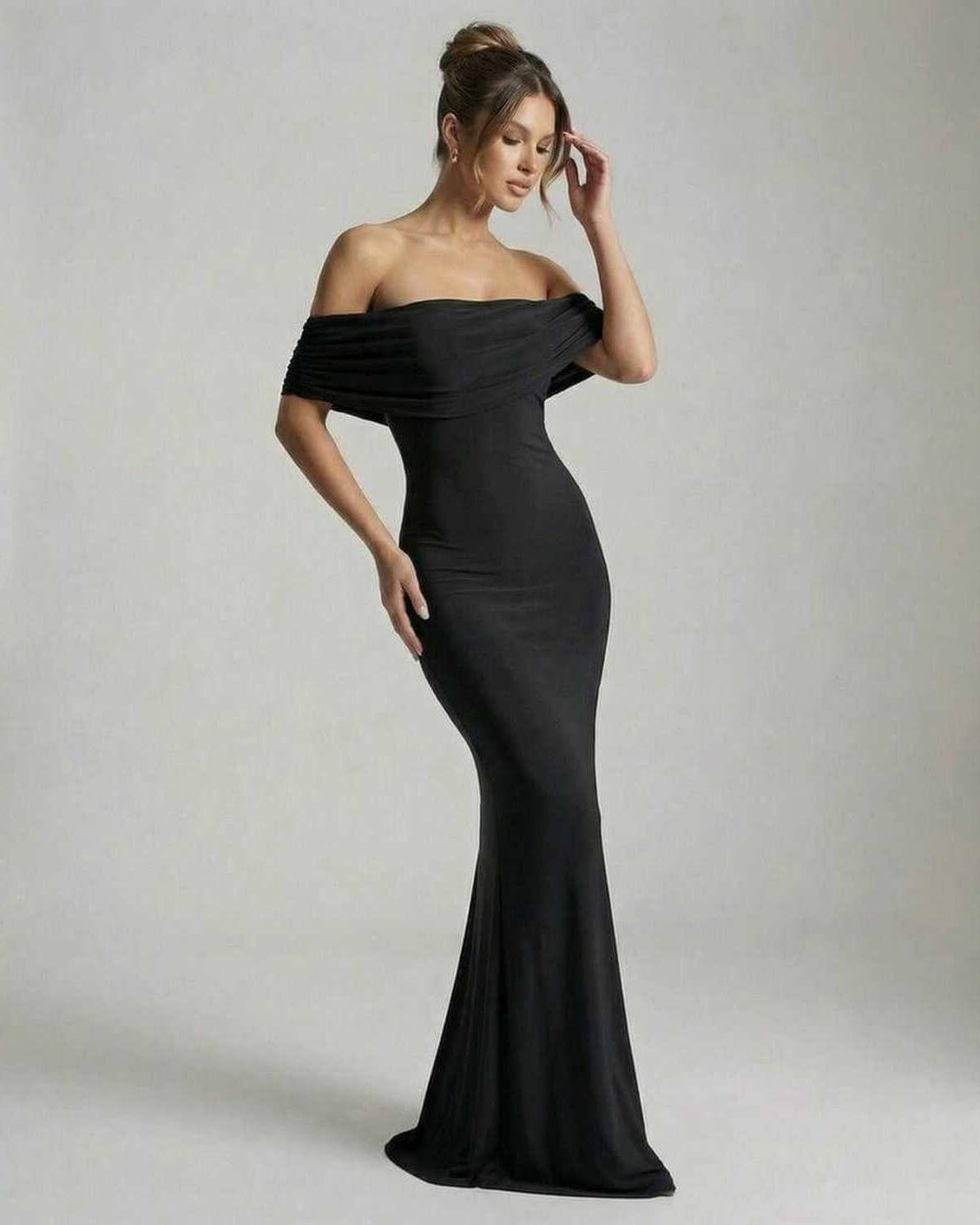 Noir Maxi Dress by Lauven - Elegant off-shoulder black gown with ruched detailing and a refined silhouette.
