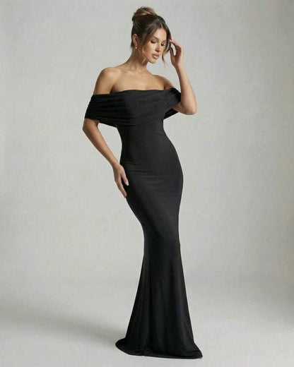 Noir Maxi Dress by Lauven - Elegant off-shoulder black gown with ruched detailing and a refined silhouette.