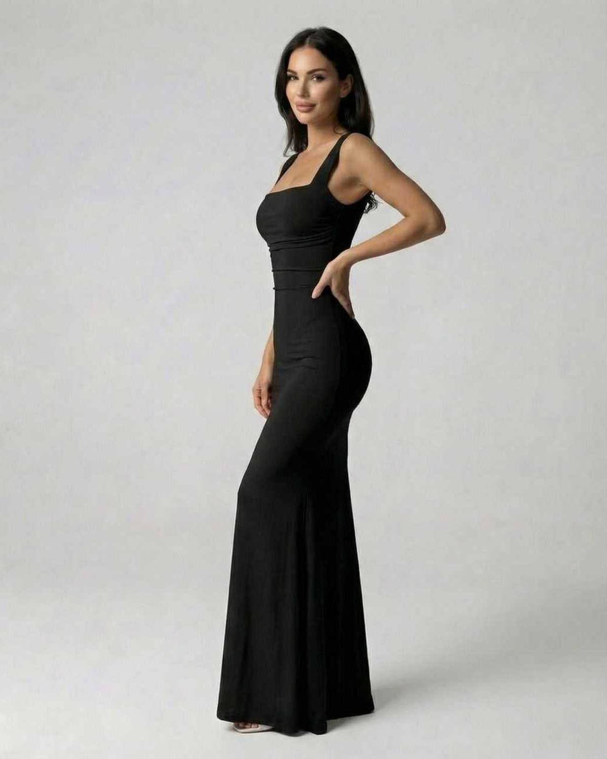 Onyx Maxi Dress by Lauven, sophisticated strappy back silhouette in classic black, figure-flattering fit.