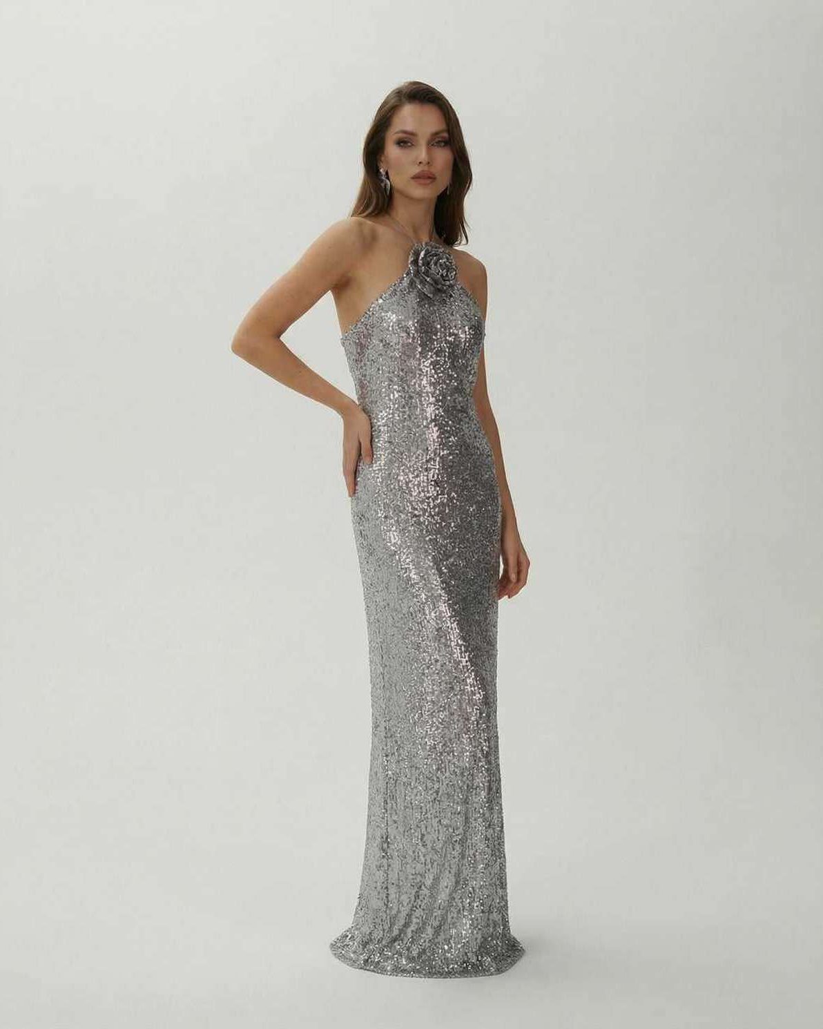 Lunaria Maxi Dress by Lauven featuring a stunning silver sequin halter evening gown with floral detail.