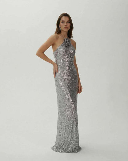 Lunaria Maxi Dress by Lauven featuring a stunning silver sequin halter evening gown with floral detail.